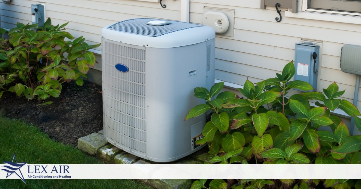 An outdoor air conditioning unit sitting in between bushes on the side of a home