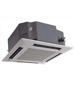 Ceiling-mounted cassette air conditioning unit with a white vent panel and a dark grey housing, shown against a plain background.