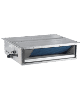 Rectangular metal HVAC ducted indoor unit with a visible blue air filter and control features on the side, set against a plain white background.