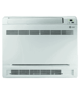 Wall-mounted white air conditioning unit with vents and a small control panel on the upper right corner, photographed against a plain background.