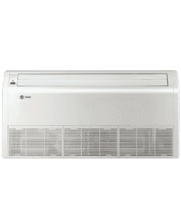 A white wall-mounted air conditioning unit with vents at the bottom and a control panel on the upper left side.