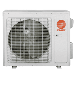 White outdoor air conditioning unit with a large fan behind a grille and an orange “Trane” logo on the right side.