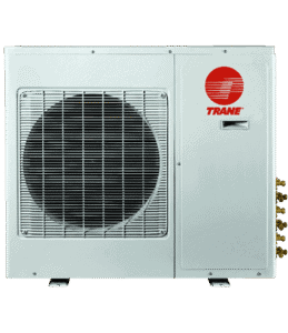 White Trane outdoor air conditioning unit with a large black fan on the left and red Trane logo on the right. Several connection ports are visible on the right side.