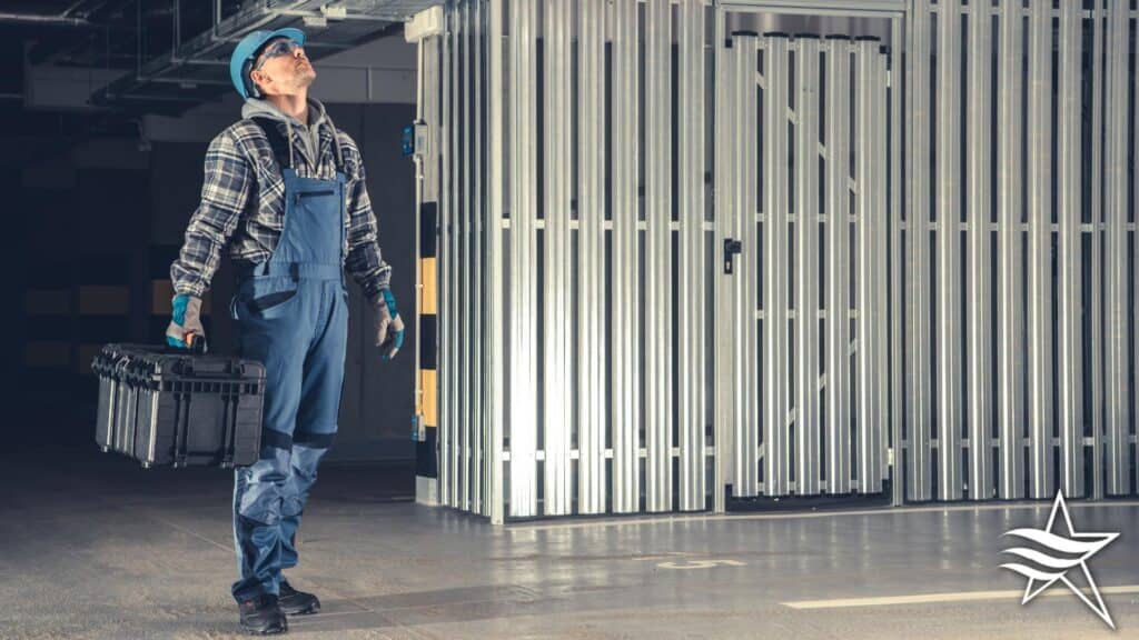 A worker in blue overalls and helmet stands in a garage, holding a black toolbox and looking up. Metal panel doors and a white star logo are visible in the background.