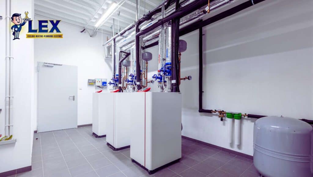 A clean, modern boiler room with three white boilers, visible pipes, gauges, valves, and a gray expansion tank; “LEX” plumbing logo in the top left corner.