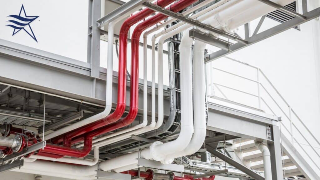 A set of red and white insulated pipes runs along a metal structure next to a stairway, with a blue star logo visible on the white wall.