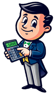 Cartoon man in a suit holding a calculator that displays the word “SAVE” on its screen, smiling and pointing at the device.