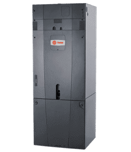 Tall, rectangular black HVAC air handler unit with a central control panel and a Trane logo on the front, photographed against a plain white background.