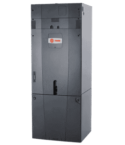 Tall, rectangular black HVAC unit with a Trane logo on the upper front panel, featuring several access doors and vents. The background is plain light gray.