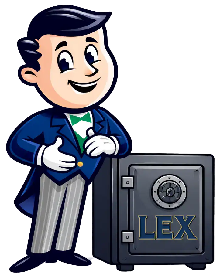 Cartoon man in a suit stands smiling with one hand on a large safe labeled “LEX,” symbolizing the security and reliability of a solid maintenance plan.