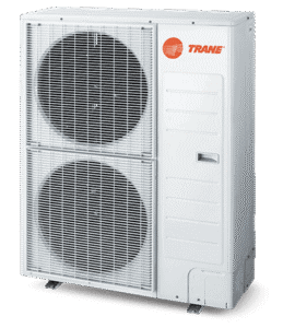 White Trane outdoor HVAC unit with two large circular fans behind a metal grille, standing on a flat surface.