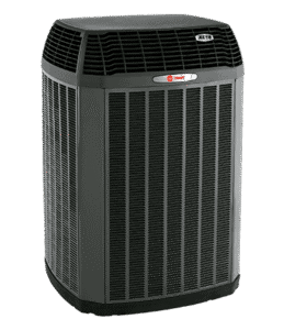 A large, upright outdoor air conditioning unit with a black top grille and dark gray body, labeled with the Trane brand and model number “XL18i” on the front.