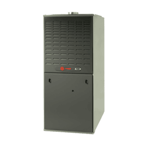 A gray and black upright furnace unit with a vented front panel and a small circular exhaust outlet on top.