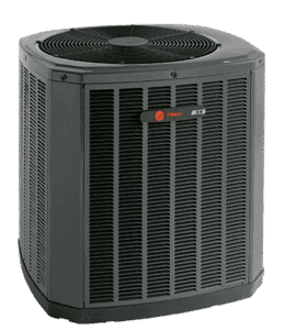 Outdoor central air conditioning unit with a black and gray design, large vents on all sides, and a fan grill on top.
