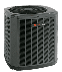 Gray Trane outdoor air conditioning unit with a fan on top and vertical black vents on all sides, placed against a white background.