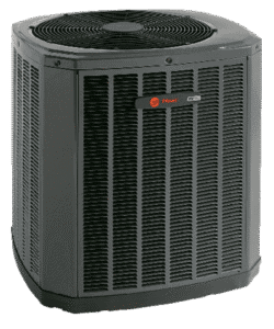 A gray, square-shaped outdoor air conditioning unit with a fan on top and vented sides, positioned on a plain background.