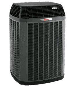 Outdoor HVAC unit with a black top and vented sides, featuring the Trane logo and “XV20i” label at the upper right corner.