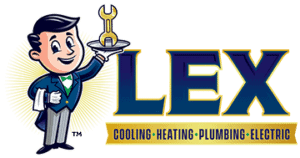 Cartoon man in a tuxedo holds a tray with a wrench next to the text “LEX” and “Cooling, Heating, Plumbing, Electric.”.
