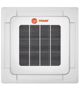Square ceiling air vent with a central black grille, white frame, and the Trane logo in orange at the top.
