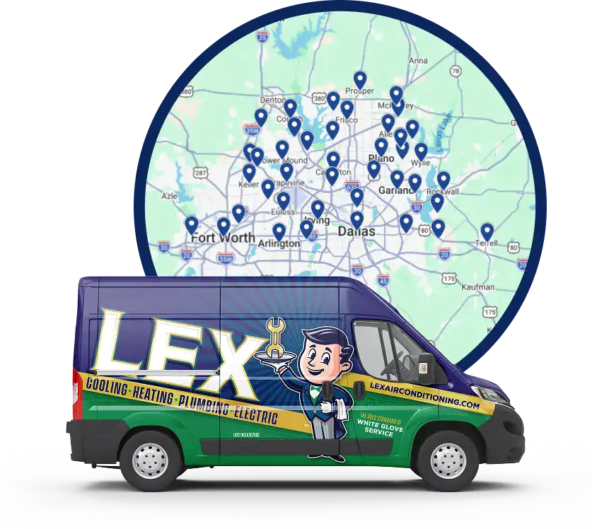 A Lex service van is shown in front of a map with location markers around Dallas and Fort Worth, Texas, advertising cooling, heating, plumbing, and electric services.
