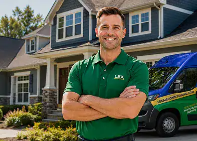 Man in a green “LEX” polo shirt stands with arms crossed in front of a house and a blue and green LEX service van.
