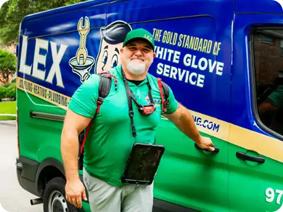 A man in a green uniform stands beside a blue and green service van labeled “LEX,” holding the door handle and wearing work equipment.