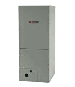 A gray, rectangular Trane HVAC air handler unit with a small circular port and a logo on the upper front panel.