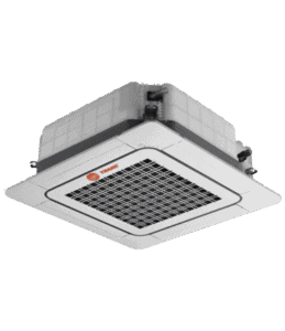 Ceiling-mounted cassette air conditioning unit with a central air vent and a white panel, featuring the Trane brand logo on one corner.
