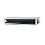 Rectangular metal ducted air conditioning unit with an open vent, positioned on a plain light background.