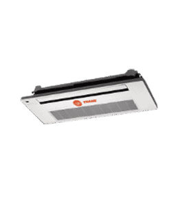 Ceiling-mounted Trane cassette air conditioning unit with black trim and visible vent slots, photographed against a plain white background.