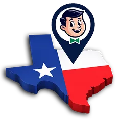 A Texas-shaped graphic with the state flag colors and a location marker showing a cartoon man’s face above it.