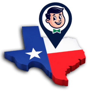 A 3D map of Texas in the state flag colors with a cartoon man’s face inside a location pin above the map.