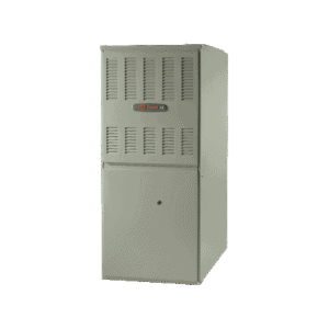 Gray metal gas furnace cabinet with front vent grilles and a small brand logo, standing upright against a plain white background.