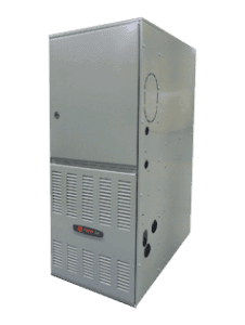 Gray metal furnace unit with front vent panels, side cutouts for piping, and a small red and black logo near the bottom.