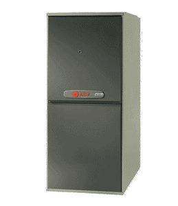 A metallic gray Trane XC95m home furnace unit with a front-facing panel and red logo, standing on a plain background.